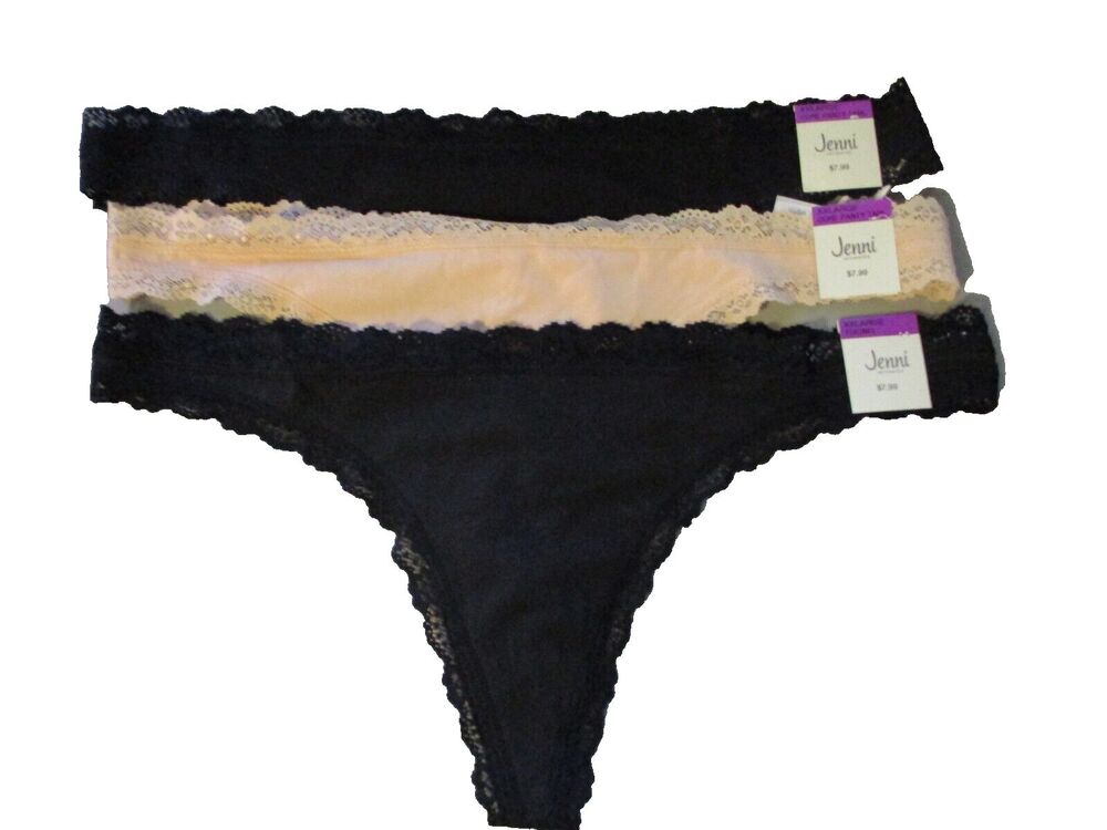 Jenni Womens Sz XXL Lace Trim Cotton Thong Panty Underwear 3 Pair Neutrals